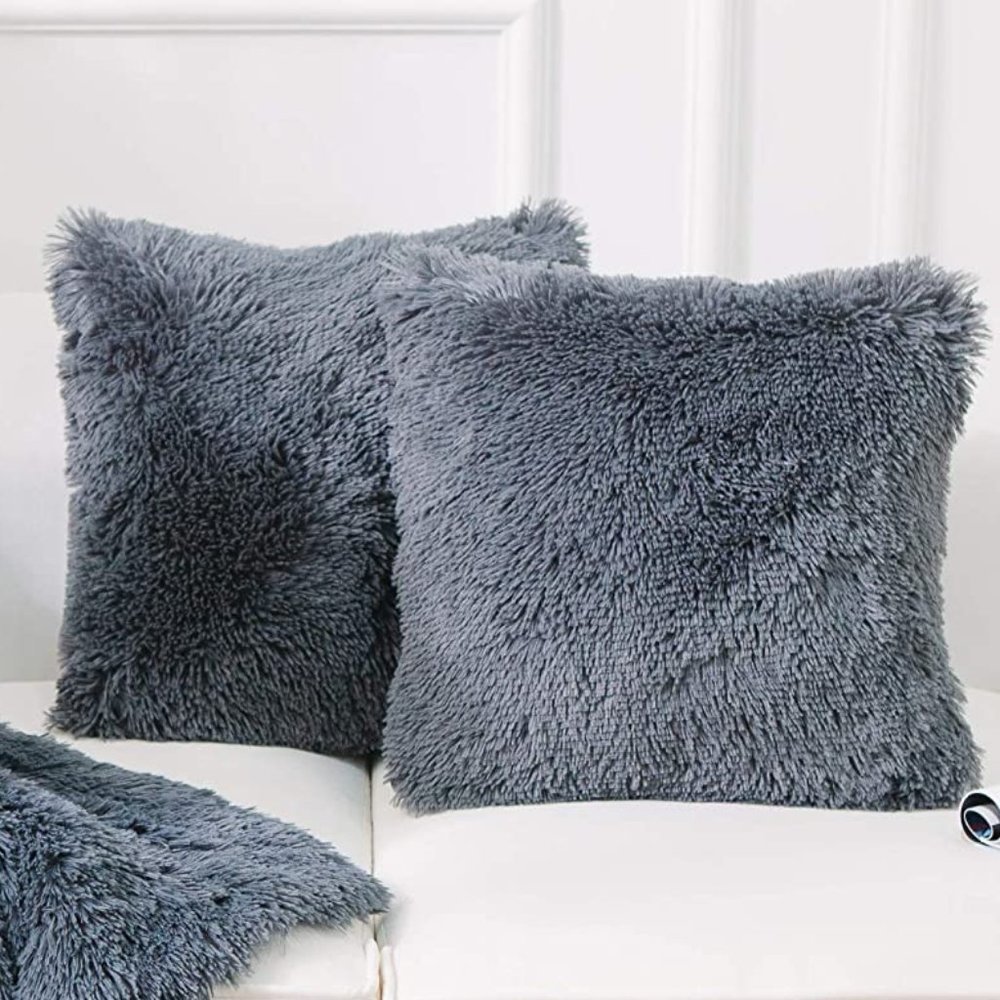 Deep Gray Luxury Furry Soft Adorable Trendy Pompom Throw Pillow Decor Cover Set - Picture 1 of 8